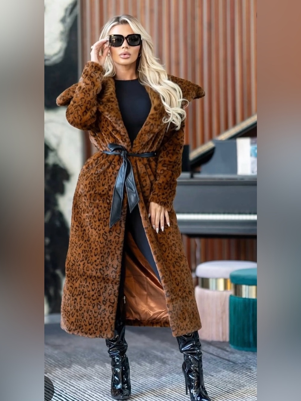 Faux Fur Leopard Print Long Coat - Leopard Brown